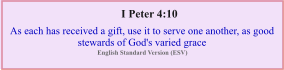 As each has received a gift, use it to serve one another, as good stewards of God's varied grace I Peter 4:10 English Standard Version (ESV)